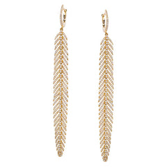 Diamond Feather Earrings Long Yellow Gold